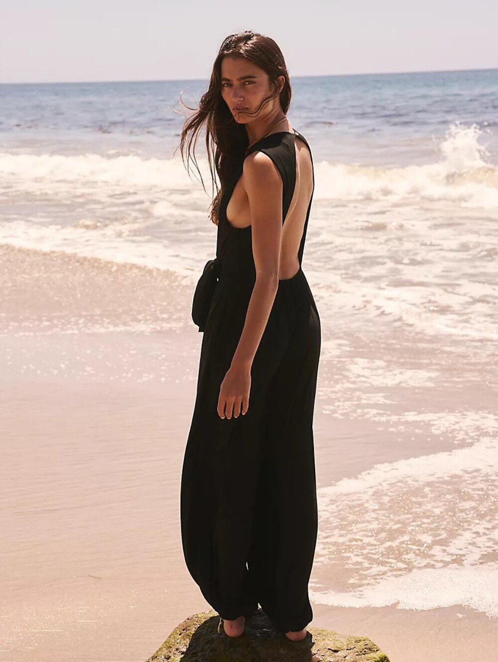 Free People Beach Womens Black Gloria One Piece V Neck Sleeveless Jumpsuit SZ M